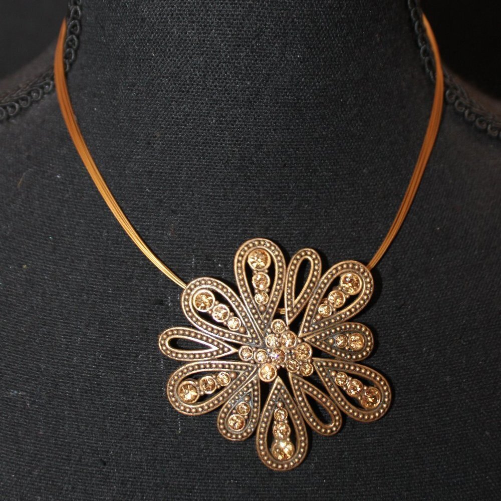Chico's Brass Color Floral and Rhinestone on Multi-strand Necklace